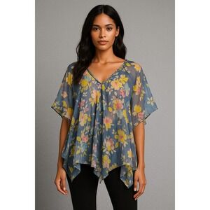 Postella Silk‎ Top Womens L Boho Fairy Floral Whimsical Sheer Romantic Festival